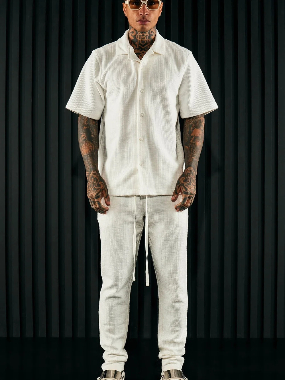 Dean Textured Short Sleeve Button Up Set - White